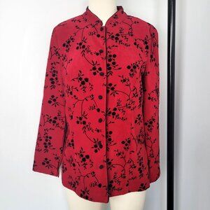Vintage 90's Flocked Velveteen Red Mandarin Collar Burnout Jacket Whimsigoth